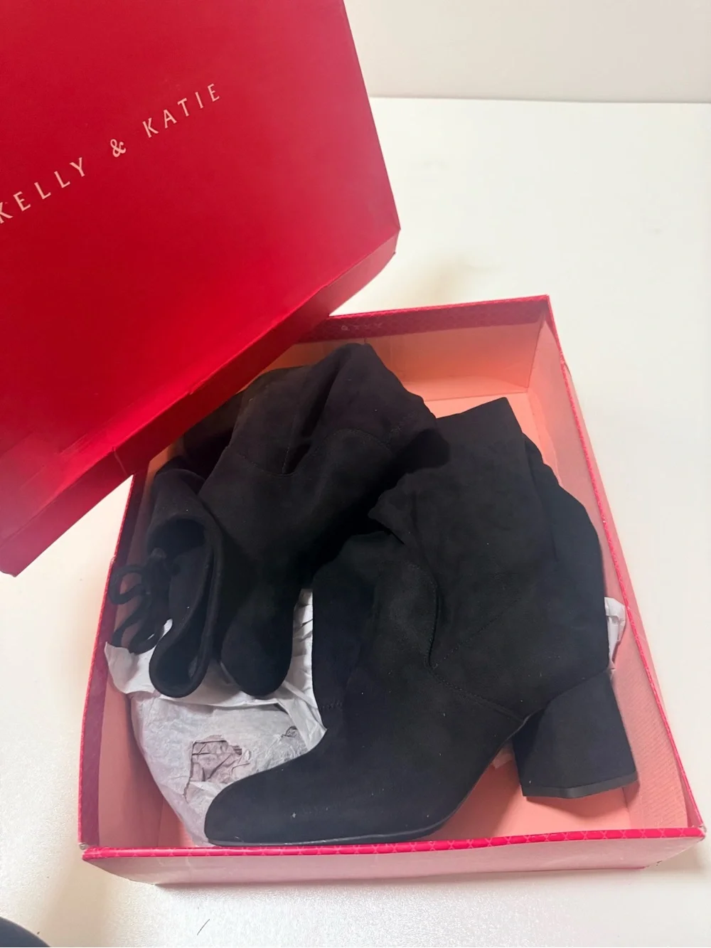 Kelly & Katie Black Suede-Look Over-the-Knee Block Heel Boots